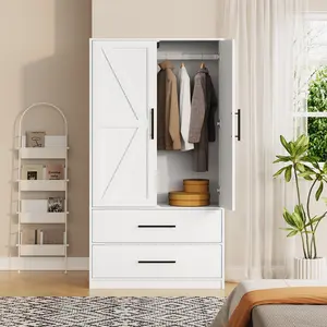 HOOBRO Armoire Wardrobe Closet with 2 Drawers, 70.9" Tall Wardrobe Cabinet with Hanging Rod, 2 Doors Bedroom Armoires, Farmhouse Clothing Storage Cabinet, Wooden Armoire for Bedroom, White#SpringSale #BigSpringSale