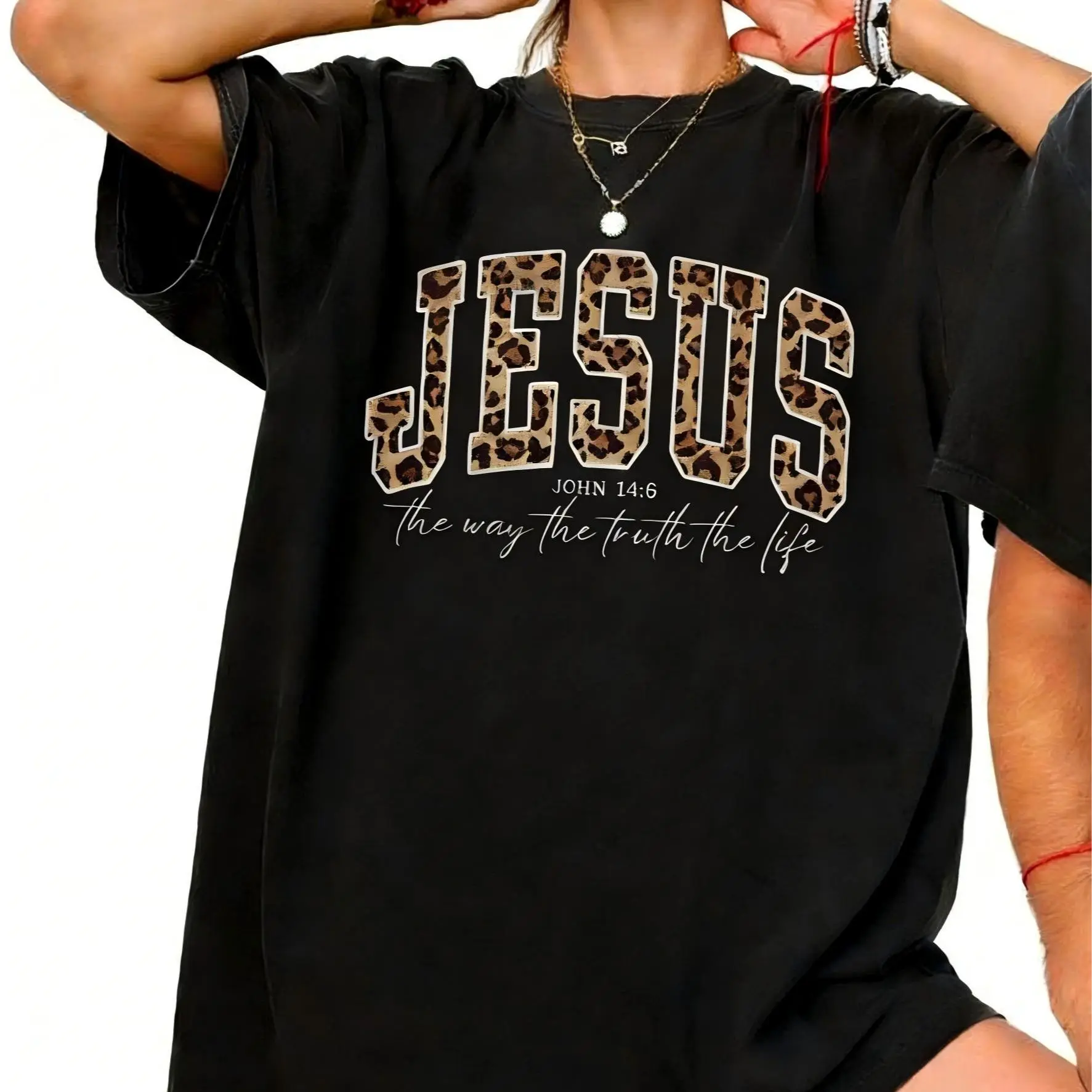 Women's Graphic T-Shirt with Cheetah Print Cross, Casual Christian Faith Apparel with Round Neck, A Comfortable Everyday Wardrobe Staples, Tshirt, Thanksgiving, Easter, Streetwear, Lady, Valentines Day
