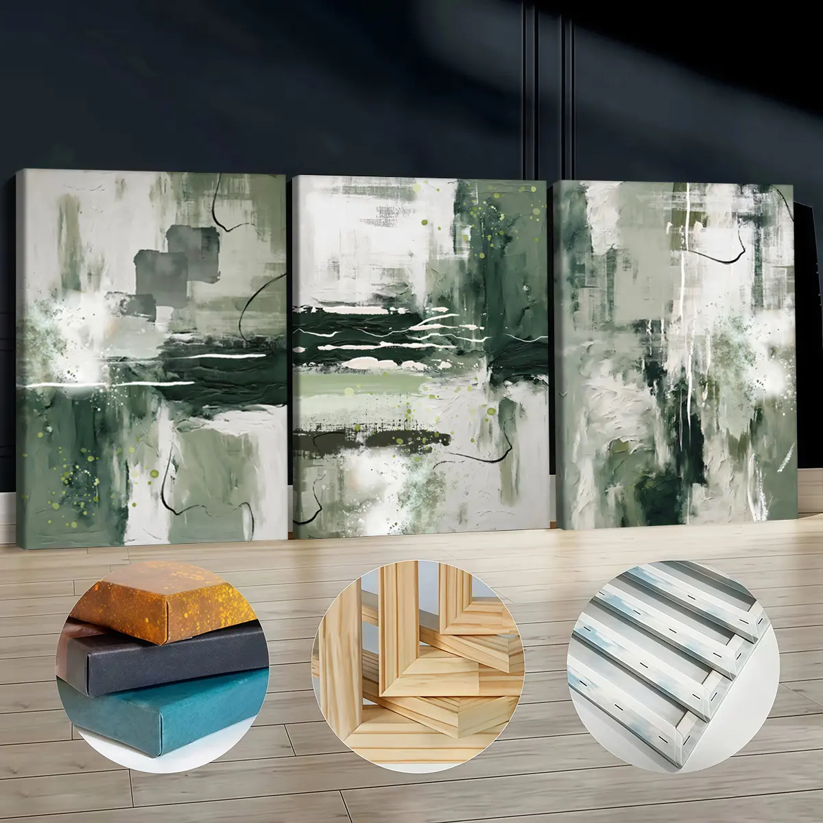3Pcs Pine Wood Framed Canvas Print Set - Abstract Green-Gray Palette Bold Graffiti Look, Waterproof Odorless Geometric Artwork for Multiple Rooms, Urban Night Style Home Decor Wall Art Posters