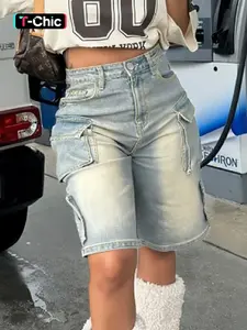 Vintage Washed High-Waisted Cargo Denim Shorts, Pocket, Y2K Aesthetic Streetwear, Perfect for Summer Beach Days & Mall Runs