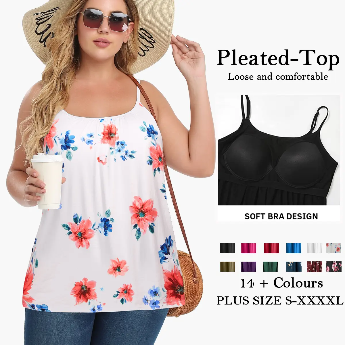 Women's Plus Size Multicolored Viscose-Blend Loose-Fit Tank Top Clothes - Built-in Shelf Bra, Adjustable Straps, Flowy Pleated Sleeveless, Flexible Spandex, New Year Wear for Workout, Daily Use, Plussize,back to school,back to school shopping, Lady, Hallo