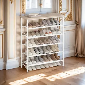 Shoe Rack Organizer 6 Tier for Closet Entryway Free Standing Metal Storage Shoe Shelf with MDF Top Board Wooden Multifunctional Sturdy Design for Large Spaces