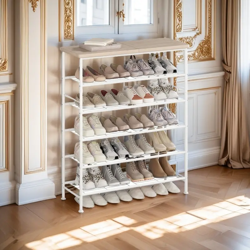 Shoe Rack Organizer 6 Tier for Closet Entryway Free Standing Metal Storage Shoe Shelf with MDF Top Board Wooden Multifunctional Sturdy Design for Large Spaces