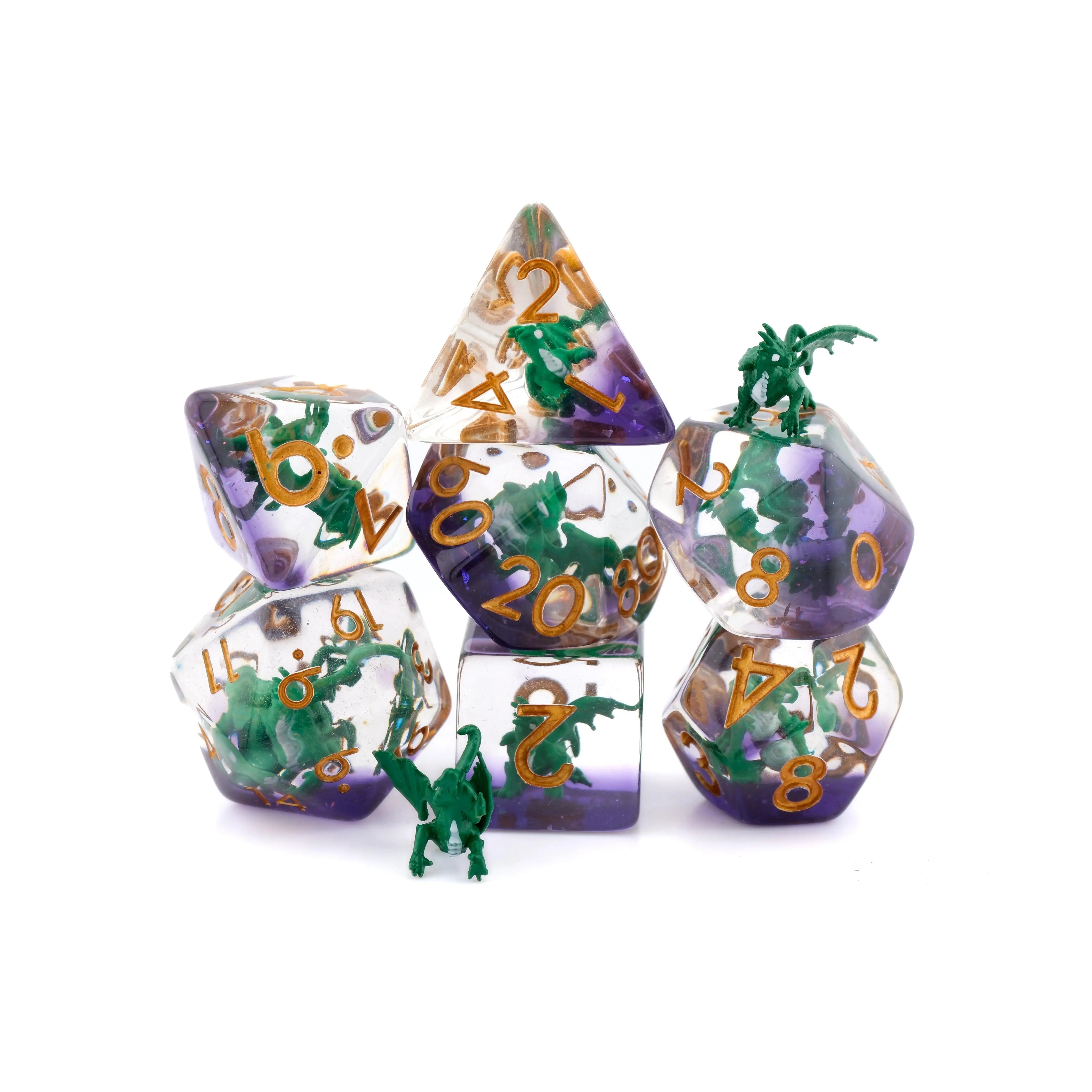 Dragon Resin DnD 7-Piece Dice Set - Miniature Dragon Design, for Tabletop RPG Enthusiasts (1 d4 to 1 d20), Crystals