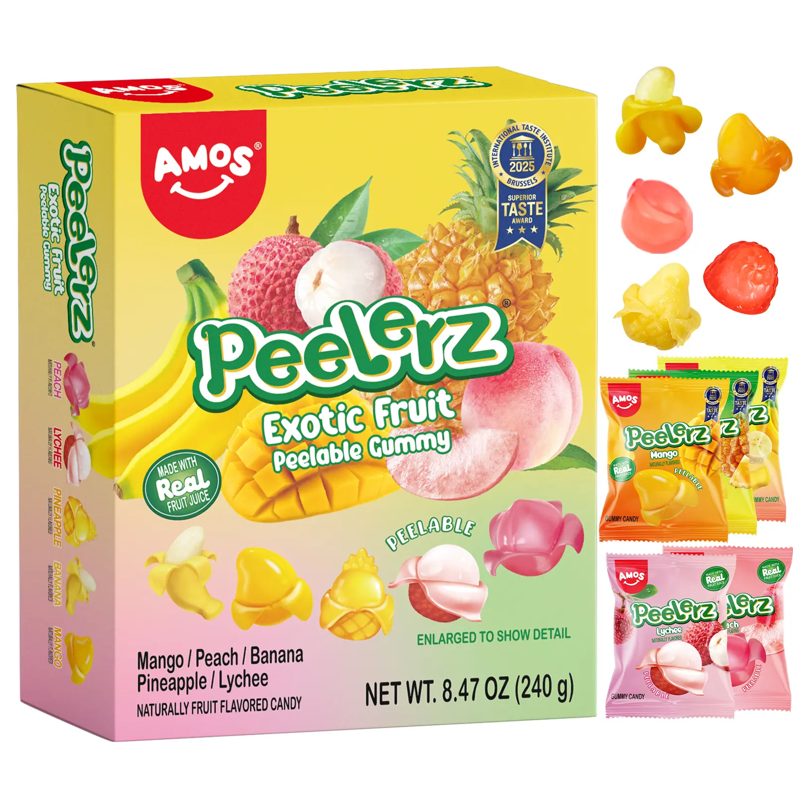 AMOS Peelerz Exotic Fruit Peelable Gummy Candy – 5 Fruit Flavors (Mango, Peach, Banana, Pineapple, Lychee),Berry Mix KIWI 8.47oz (240g), Individually Wrapped