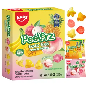AMOS Peelerz Exotic Fruit Peelable Gummy Candy – 5 Fruit Flavors (Mango, Peach, Banana, Pineapple, Lychee),Berry Mix KIWI 8.47oz (240g), Individually Wrapped
