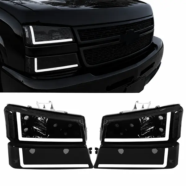 Smoke Headlights with LED DRL & Bumper Signal Lamps for Chevy Silverado & Avalanche 2003–2007, Headlight Replacement Set
