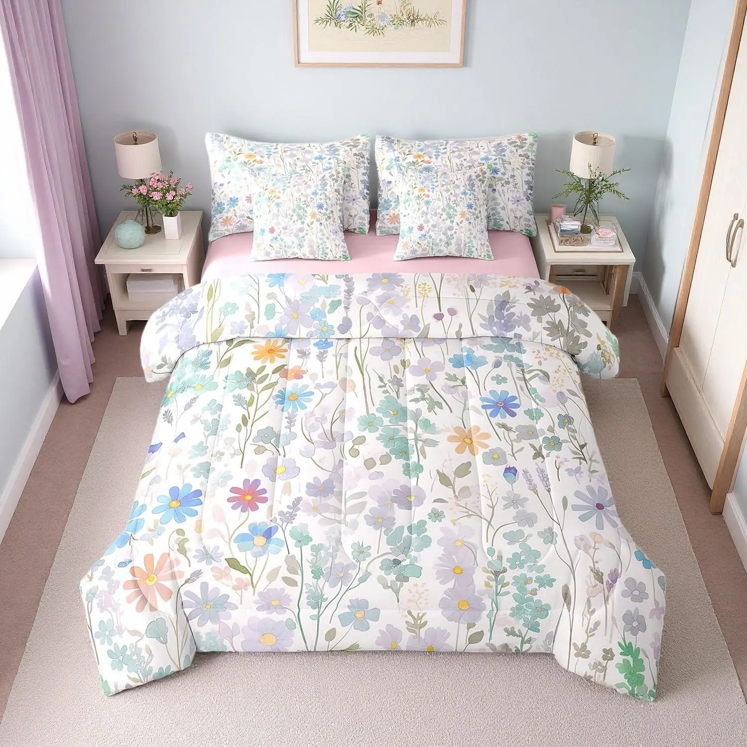 7 Piece Colorful Floral Bedding Set for Kids Girls Boys,Cute Watercolor Flowers Comforter Set with Sheets Boho Bedroom Decor,Rustic Country Wildflower Bed in a Bag with Pillowcases