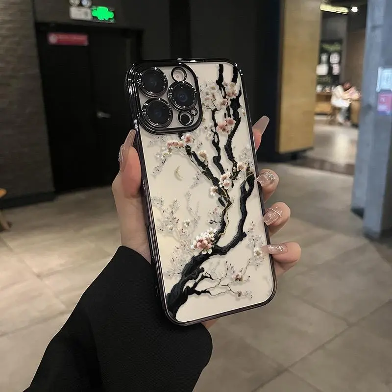 Preppy Original White Cherry Blossom & Wildflower Pattern Electroplated TPU iPhone Case - Shockproof, Non-Slip, Transparent Acrylic, Waterproof, Camera Lens Protection for iPhone 16/15 Pro Max/14/13/12/11/XR/XS Plus Mobile Phone Accessories