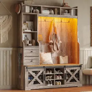 AMERLIFE 7-in-1 Farmhouse Hall Tree with Bench and Shoe Cabinet, LED Entryway Organizer with Drawers,12 Shoe Cubbies & Barn Doors, 7 Coat Racks with Shoe Storage, Rustic Gray