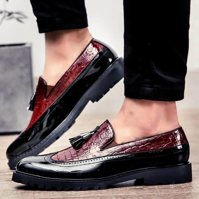 Men's Business Solid Color Formal Leather Loafers - Comfortable, Low-Profile, Closed Heel Deep Black/Red Pointed Toe Slip-Ons for Office, Wedding, Banquet, Comfortable Loafers, Red Loafers