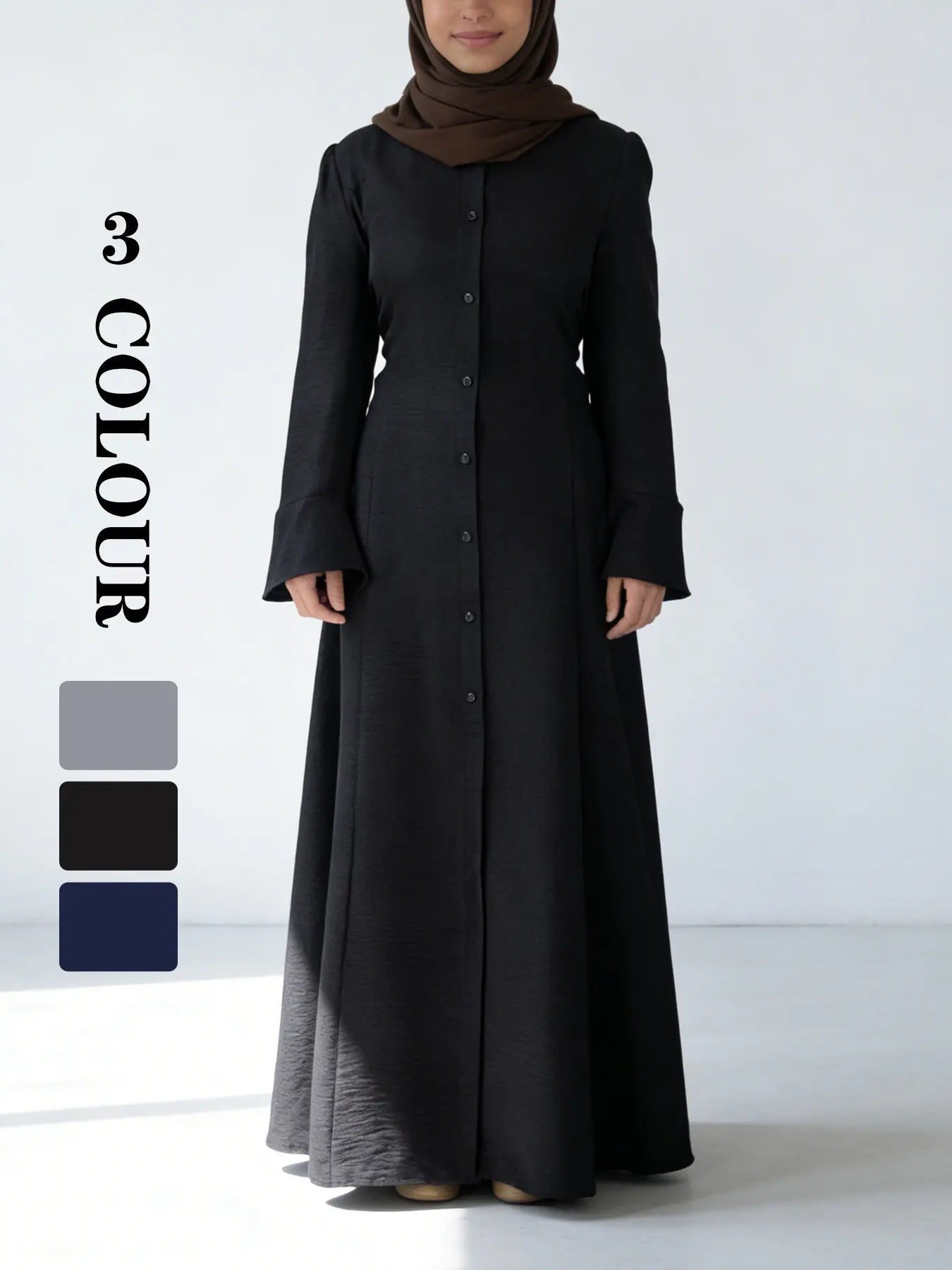 Muslim Fashion Long Robe, Modest Style Clothes, Exclusive for Muslim Sisters, 3 Colors, 5 Sizes, Drape Fabric, Bell Sleeves, Daily Wear, Hijab Fashion, Maxi Muslim Clothing #HijabFashion #MuslimDress