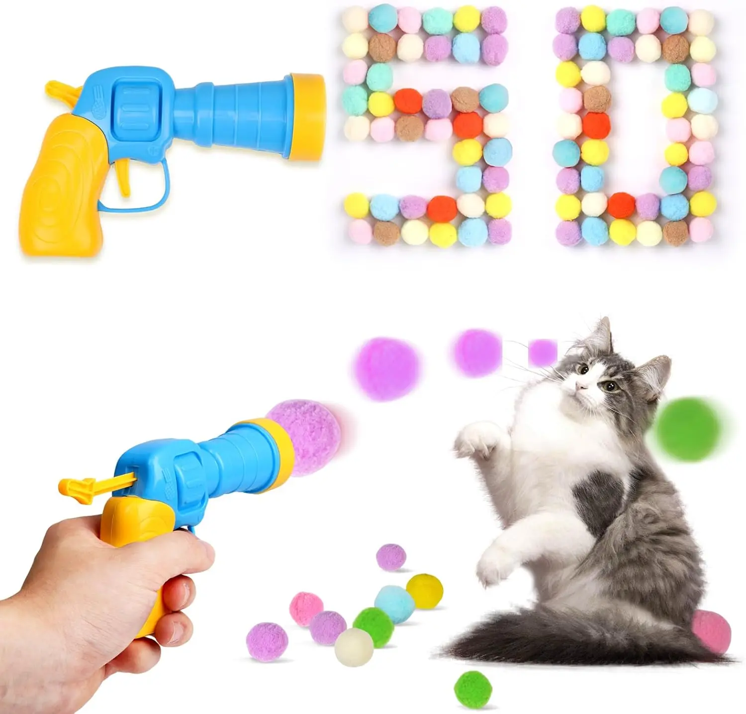 50Pcs Silk Blend Polypropylene Pom Pom Balls with 1 Launcher Set - Safety First, Soft on Paws, 7m Range Cat Toys for Indoor Bonding, Craft Necklaces, Kitten & Adult Play, Play Boost