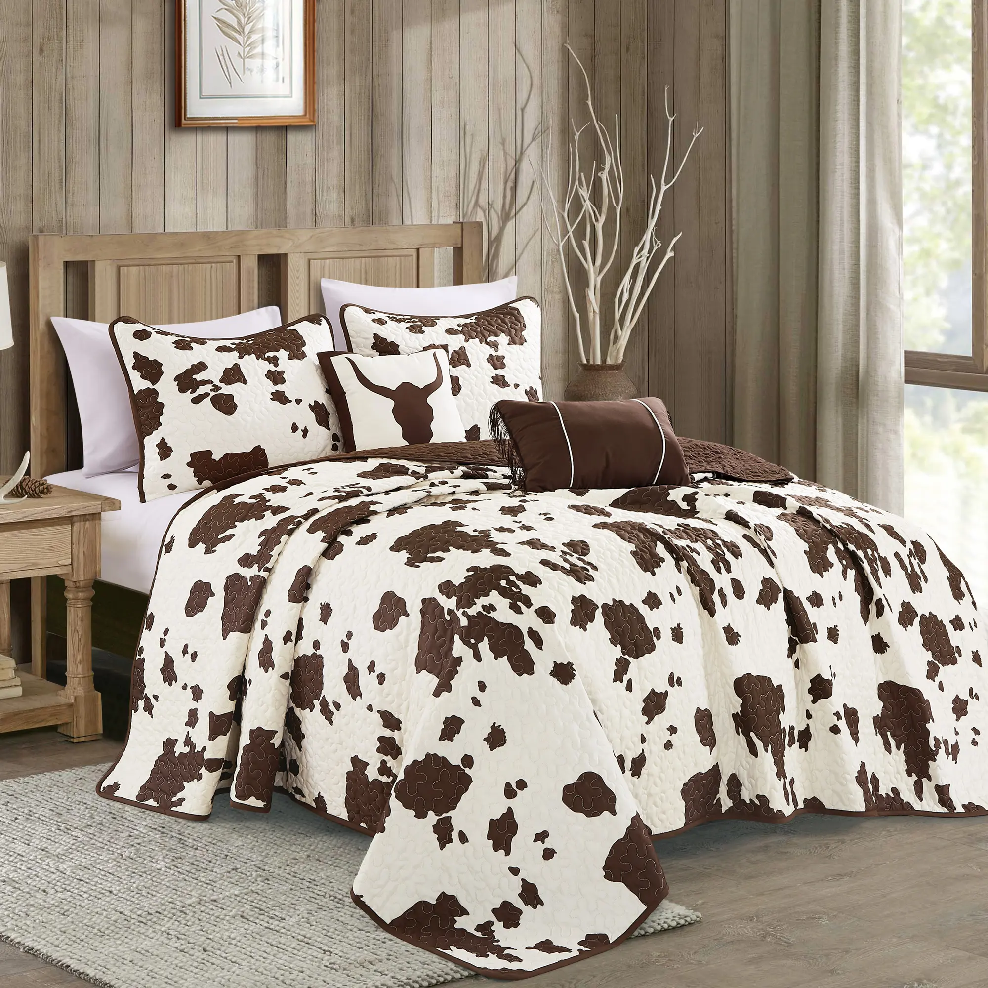 Cow Print Bedding Set 5 Piece Western Ranch Bedspread Quilt Set Soft Lightweight Oversized Coverlet with Shams & Pillows Turquoise Aztec Patterns