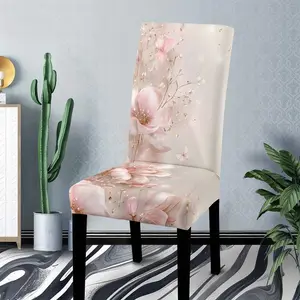 Pink floral printed polyester chair cover, featuring a gentle and romantic style, adorned with delicate petals and foliage patterns, ideal for decorating home dining tables or lounge chairs,