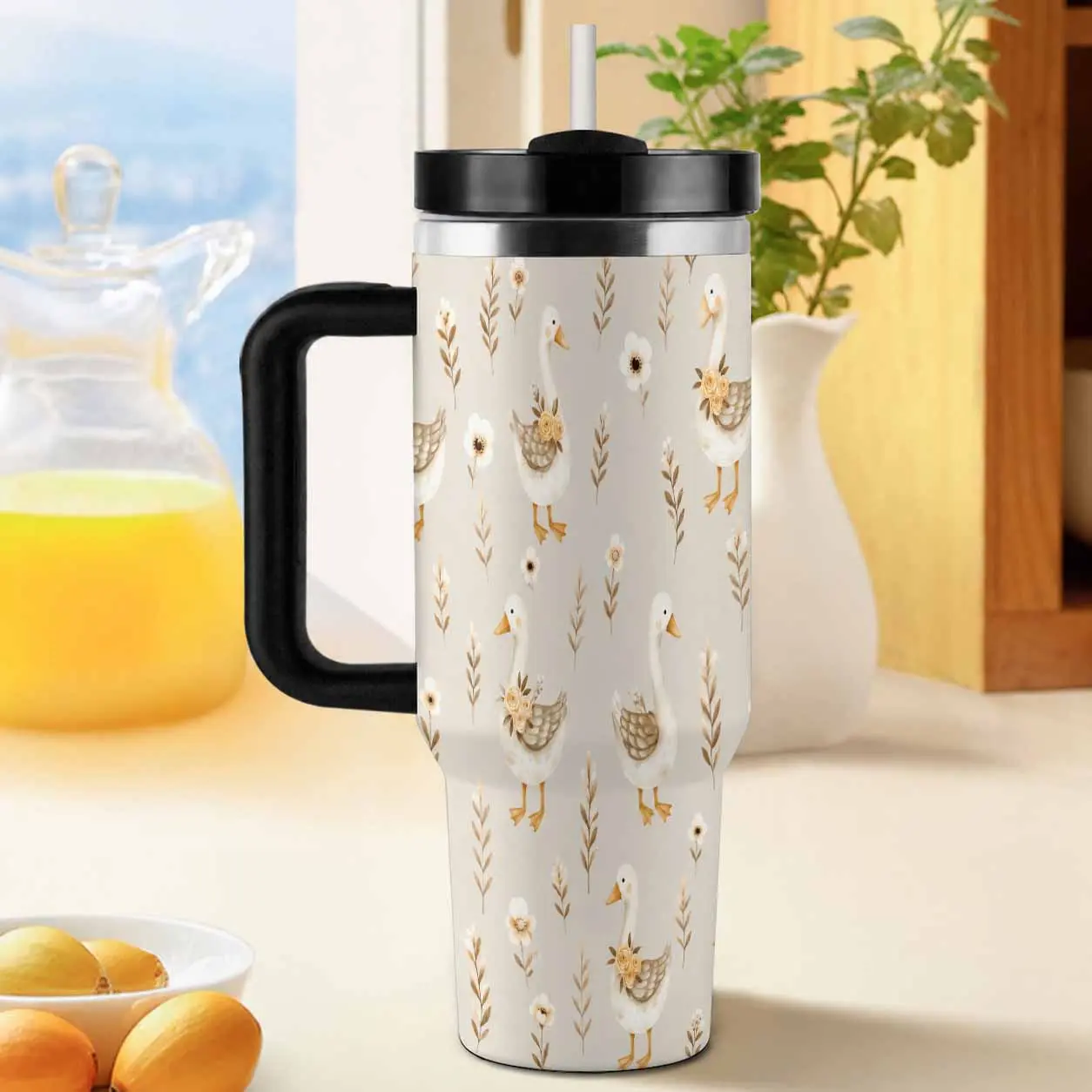 Cute Duck 40oz Tumbler. Bohemian Floral Goose Print. Insulated Stainless Steel Coffee Mug. Vacuum Sealed Leak Proof Cup with Handle. Travel Friendly Kitchen Drinkware. Perfect for Road Trips. Ideal for Office Desk.