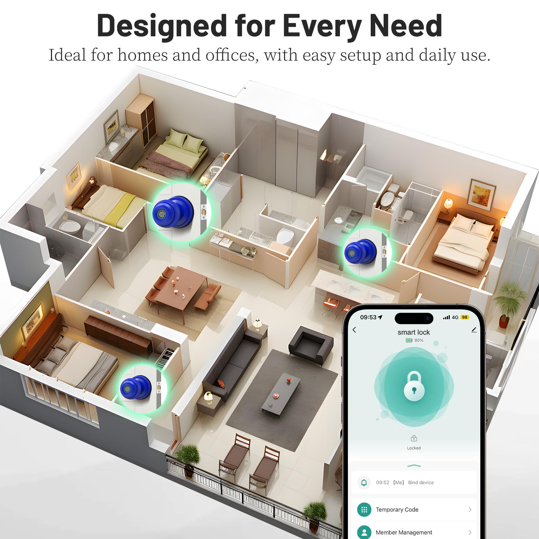 UMIK 3-in-1 Fingerprint Smart Lock, Doorknob, Auto-Lock, Tuya App WiFi Remote Control, Keyless Entry Electronic Lock, Fast Biometric Sensor, 3 Unlock Ways, Easy Install Interior Door Lock for Home Office