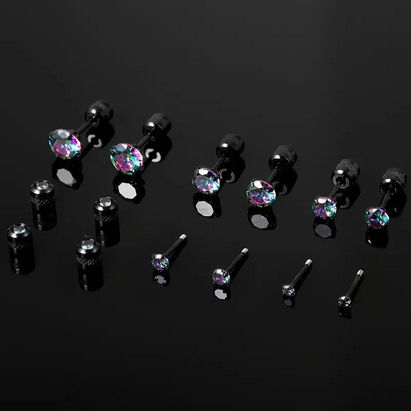 Unisex Hypoallergenic Titanium Steel Spiral Earrings Set (5 Pairs) - Black with Colored Zirconia Accessories, Casual Street Look Fashion Costume Jewelry, Spiral Form, Metal Coating