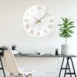 Large white tempered glass wall clock, 12–24 inches, marble texture, silent quartz movement powered by batteries, thickness 4 mm, durable and long-lasting, suitable for living room, bedroom, office decor, holiday gift