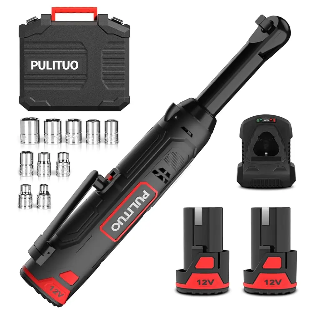 PULITUO 3/8" 12V Cordless Ratchet Wrench Power Tool with Rubber Grips Handle, 40Ft-lbs Torque, 300RPM, Portable Design, Rechargeable Battery and Charger