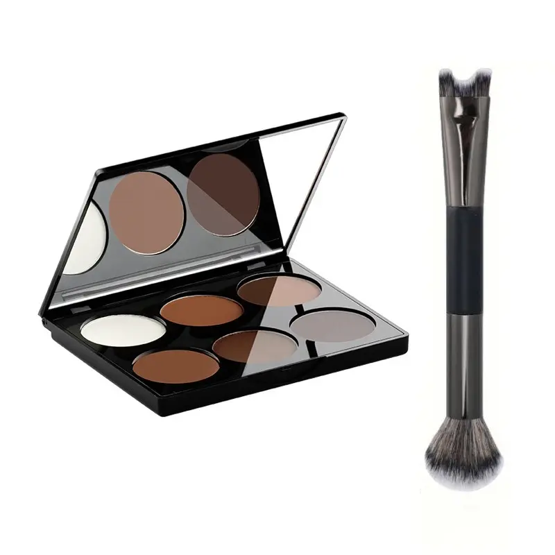MAYCHEER 6-Color Facial Contouring & Highlighting Makeup Palette + 2-in-1 Dual-Ended Brush Set, Includes U-Shaped Nose Contour Brush for Foundation & Concealer, Matte Powder Bronzer Sculpting Makeup Kit