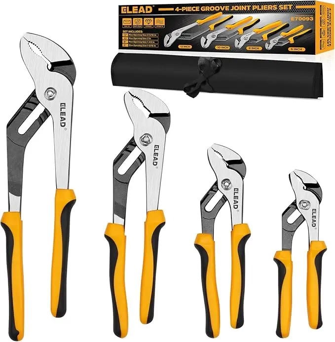 ELEAD 4-Piece Ergonomic Groove Joint Pliers Set with Tool Roll Bag - 12/10/8/6 in Adjustable Jaws Water Pump Pliers, for Home Repair, Nut/Bolt Grip, Featuring Ergonomic Design, 12 In