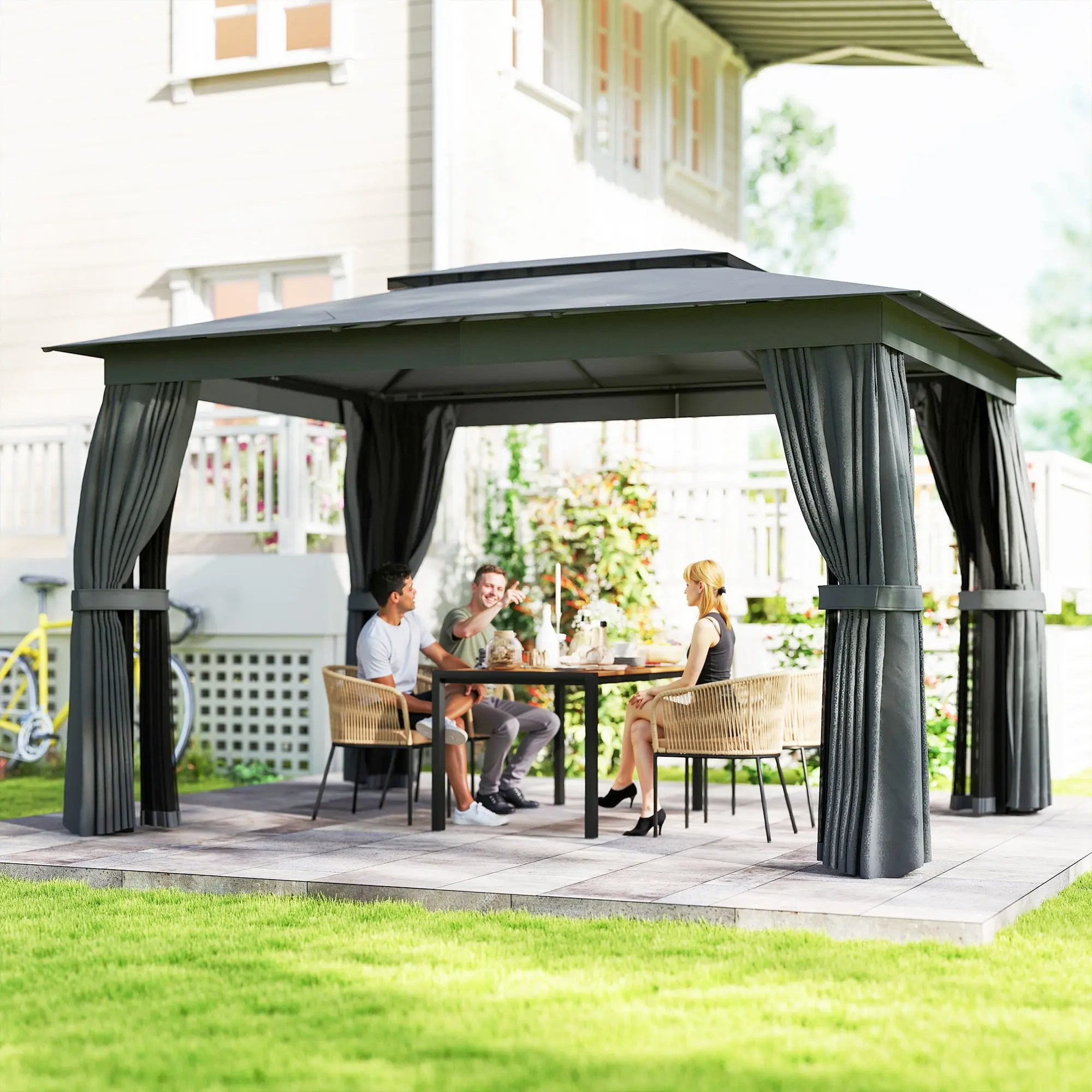 12x10 ft Rectangular Outdoor Hot Tub Gazebo - Sturdy Steel Frame, Double-Tier UPF30+ Roof, Curtains, Netting, Ceiling Hooks, Weatherproof Privacy Spa Enclosure for Garden, Deck, Patio (Black/Dark Gray) - Bug Protection, Assembly Required