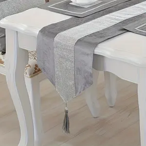 1PCS Diamond Shape Rhinestone Table Runner, Long Table Cloth with Tassel, Elegant Festive Decor for Dining Kitchen Party
