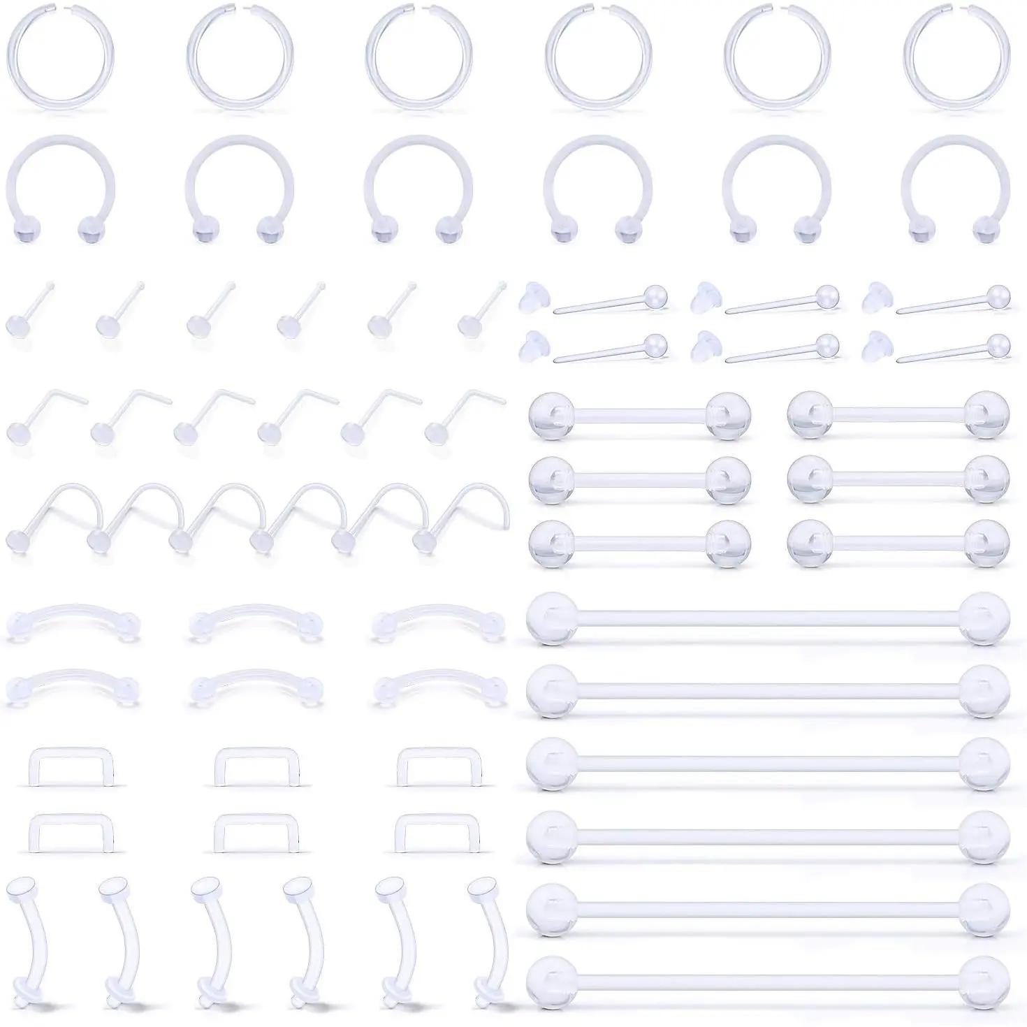 66PCS Clear Piercing Retainer Septum Retainers Nose Studs Flexible Lip Ear Nose Hoop Tongue Rings Nipple Ring Cartilage Rook Daith Earrings Plastic Industrial Piercing Jewelry Retainer
