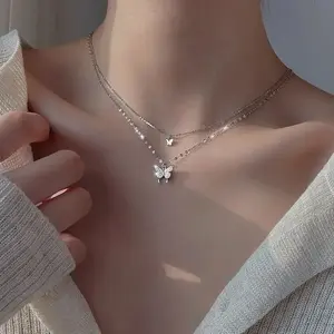 New Shiny Silver Colour Butterfly Necklace Ladies Exquisite Double Layer Clavicle Chain Necklace Fashion Jewelry for Ladies Gift