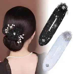 2 Pack Women Hand Embroidered Flowers Deft Bun Flower Hair Bun Roller Sparkly Ball Hair Clip Fashion Accessories