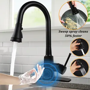 2024 Touchless Kitchen Faucet Motion Sensor Kitchen Sink Faucet With 3 Functions Pull Down Sprayer (Sweep/Stream/Spray) Stainless Steel Matt Black Finish Water Flow Saving Touch On Faucet 1 Or 3 Hole