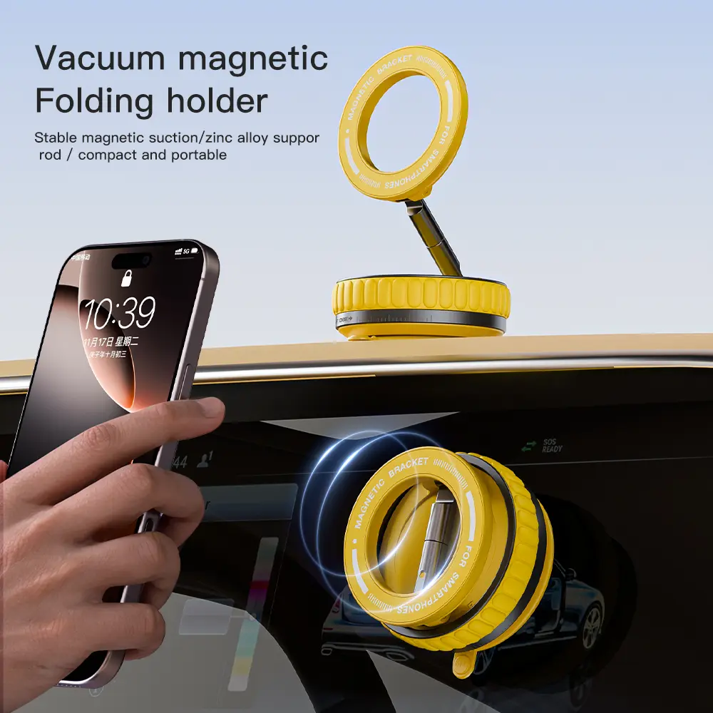 Foldable Magnetic Car Phone Mount - Compact Zinc Alloy Smartphone Holder with Folding Design, Magnetic Grip, Vacuum Suction Cup, Heat-Resistant Nano-Adhesive Base, MagSafe Snapon, Car Interior Auto Accessory