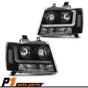 Headlights Lamps Fit For Chevy 07-14 Tahoe Suburban Clear Lens Black Housing LED, Pair Set
