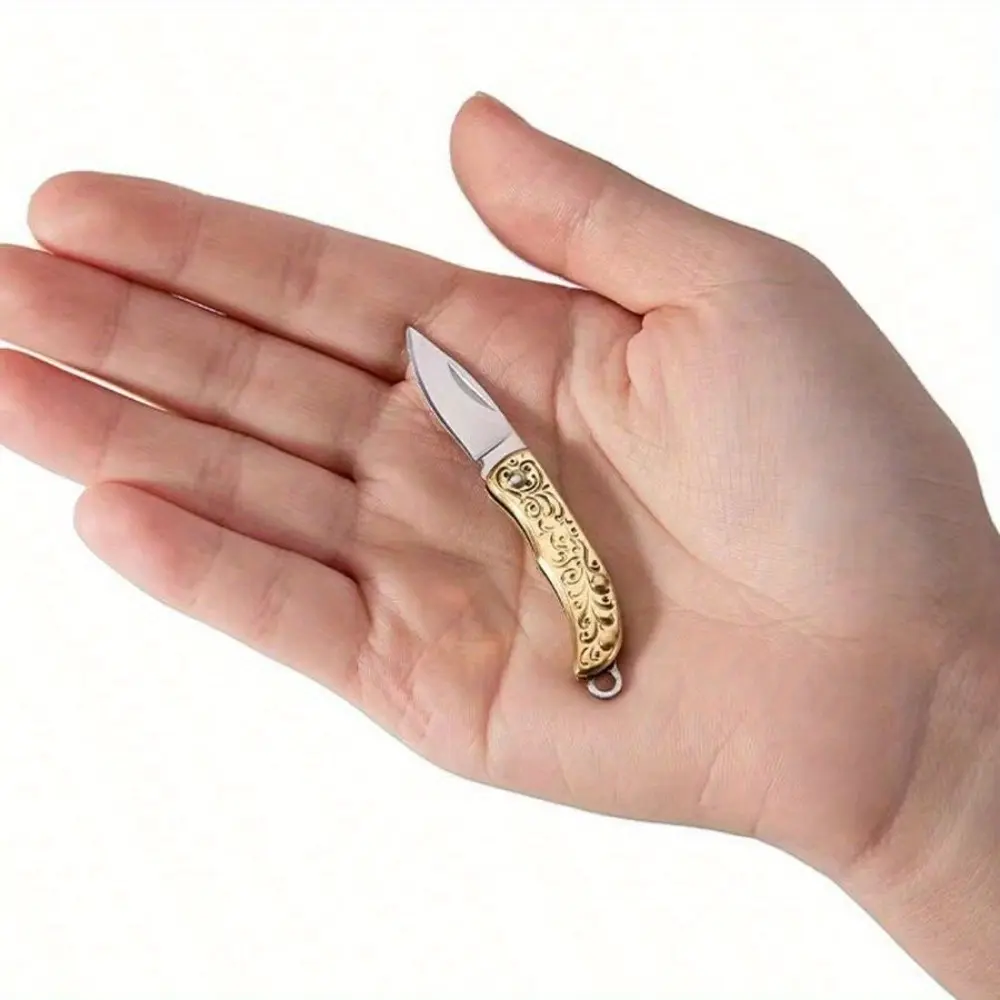 Compact Brass Pocket Folding  - Sharp stainless steel blade with an intricate gold. outdoor activities,  Keychain accessoryportable high hardness  edc tool non slip handle d2 utility men survival hiking daily carry self defense fold knife