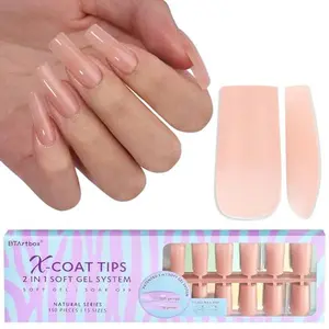 BTArtboxnails Long Square Gel Nail Tips - Pre Colored Soft Gel Nail Tips, Skin Tones Press on Nails, Natural XCOATTIPS Pre Applied Tip Primer