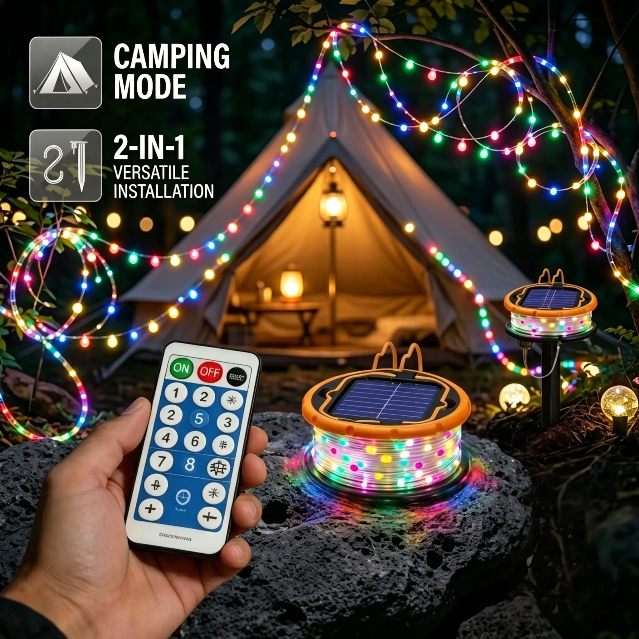 Solar Rope Lights with Retractable No-Tangle Reel, 2-in-1 Camping & Garden String Lights, Waterproof RGB Outdoor Decor, Remote Control, Durable Braided Cord for Patio, Backyard, Summer Party & Glamping, 1 Pack