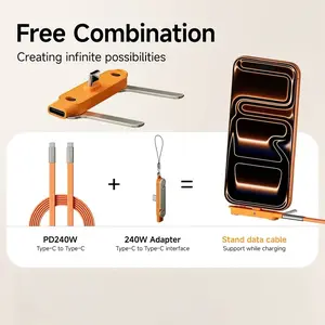 240W SuperCharge 360° Rotating Invisible Stand Detachable 2-in-1 Charging Cable, Zinc Alloy Silicone Type-C Cable, Compatible with Apple and Samsung, Essential for Gaming, Office and Car Use