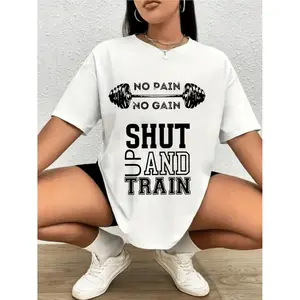 1pc Women's Fitness Motivational T-Shirt - "No No Gain Shut Up and Train" & Dumbbell Graphic, White with Black Lettering, Casual Comfort Fit, Machine Washable, Gym & Casual Attire, Gift for Female Athletes, Gym Clothes, Easycare F