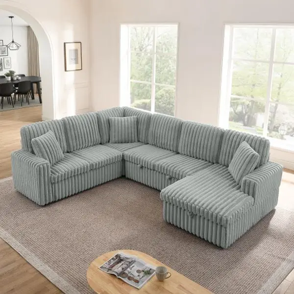 [4 Packages] Niccae Corduroy U-Shaped Sectional Sofa - Chaise Lounge Sofa, 6-Seat Pull-Out Guest Bed, Foam Cushions, Storage, Modern Minimalist Indoor Furniture for Living Room Apartments, Corduroy Sectional Sofa