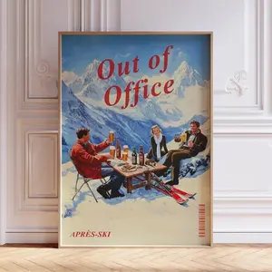Vintage Après Ski Print, Retro Winter Mountain Scene Wall Art, Paper Photo Decor for Room, Bar Cart Poster