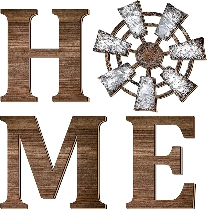 4 Pcs Wood Home Sign with Windmill for Hanging Farmhouse Windmill Wall Decor Wooden Home Letters for Wall Art Rustic House Decor for Living Room Kitchen Entryway(Brown) tiktokshopbacktoschool
