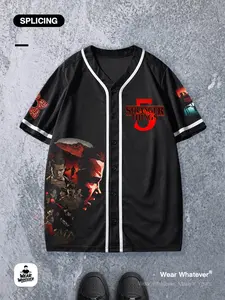Stranger Things Graphic Loose-Fit Short Sleeve Shirt, Casual Breathable Daily Wear, Home & Outdoor Clothing, Fitted Style