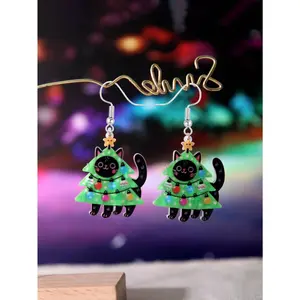 Black Cat Fun and Cute Christmas Earrings - Personalized Acrylic Earrings, Christmas Tree, Black Cat, Gingerbread Man Design Pen