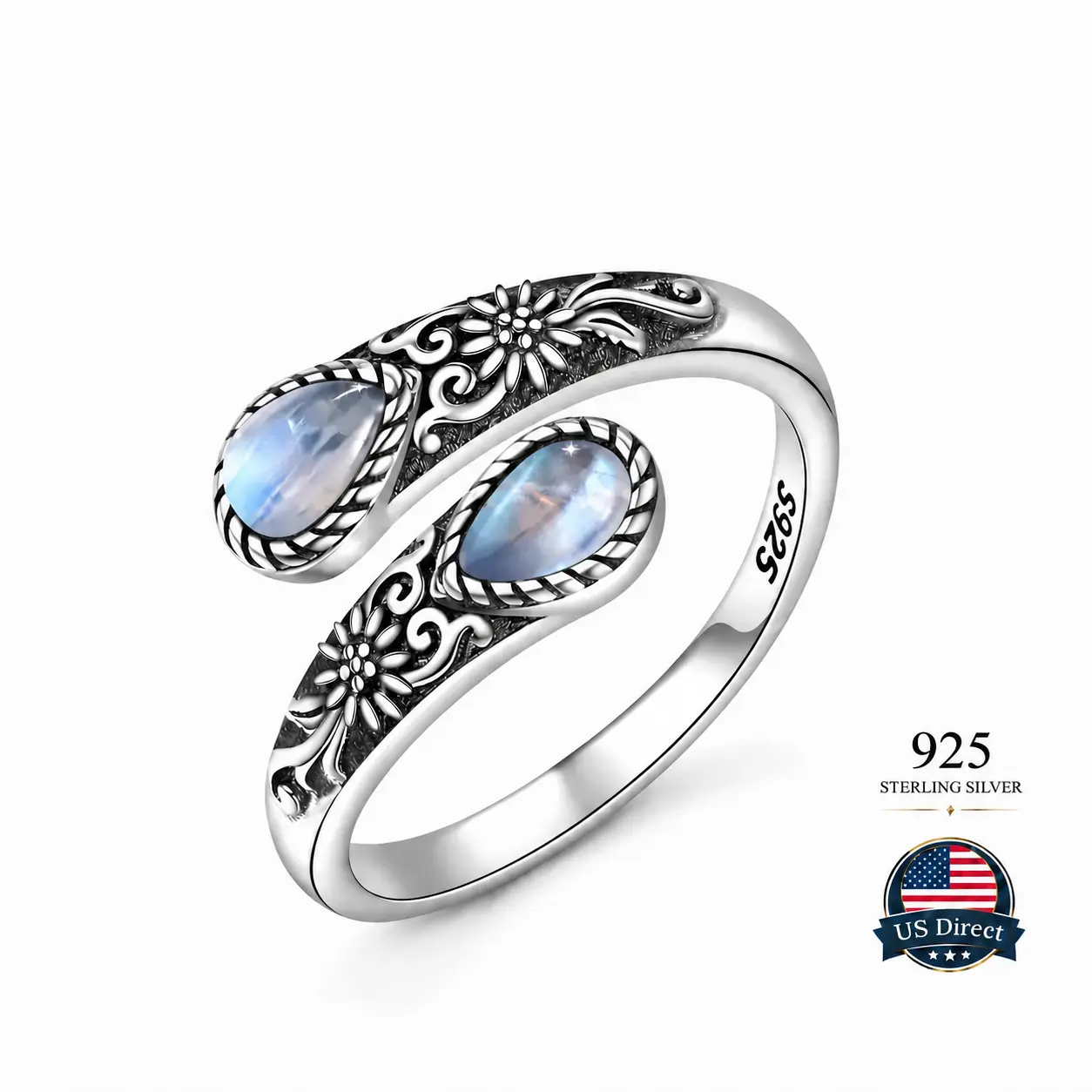 S925 Sterling Silver Moonstone Synthetic Women's Adjustable Thumb Open Ring, Victoria Vintage Style Hypoallergenic Nickel Free, Retro Floral, Lucky, Faith, Mother's Love Ring, Bohemian Style, Daily, Party, Holiday, Valentine's Day, Halloween, Easter Gift