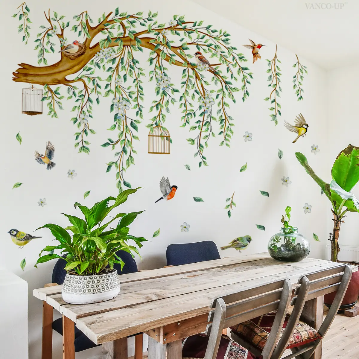 Set of 4 Hand-Drawn Tree Birdcage Wall Stickers (30x90cm) for Living Room & Bedroom Decor, Home Background Decoration