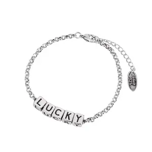 925 Sterling Silver Lucky Charm Bracelet: Geometric Cubes with English Letters, Perfect for Everyday and Party Wear