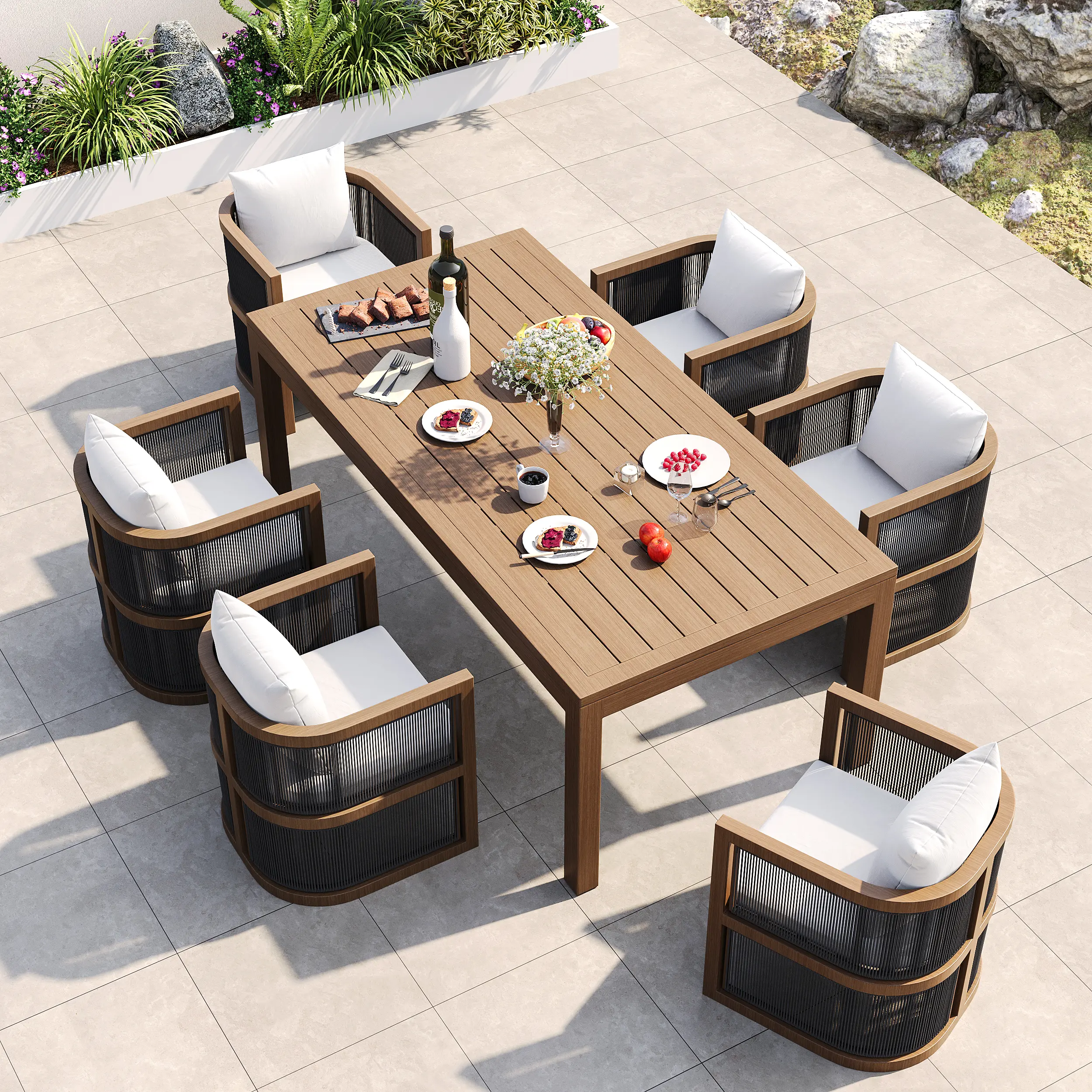 Homary 7-Piece Rope Weave Modern Outdoor Dining Set - Sturdy Aluminum Frame Garden Furniture Set with 6 Chairs, Ergonomic Design, Handwoven Texture, UV-Safe Cushions for Family Gatherings, Garden Parties