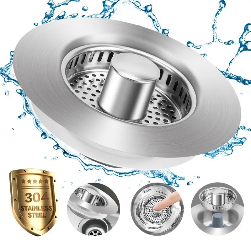 2PACK 3-in-1 Kitchen Sink Drain Strainer Stainless Steel Sink Plug Deodorizing Anti-Clog Basket Strainer for US Standard 3-1/2 Inch Drains 304 Stainless Steel Quality