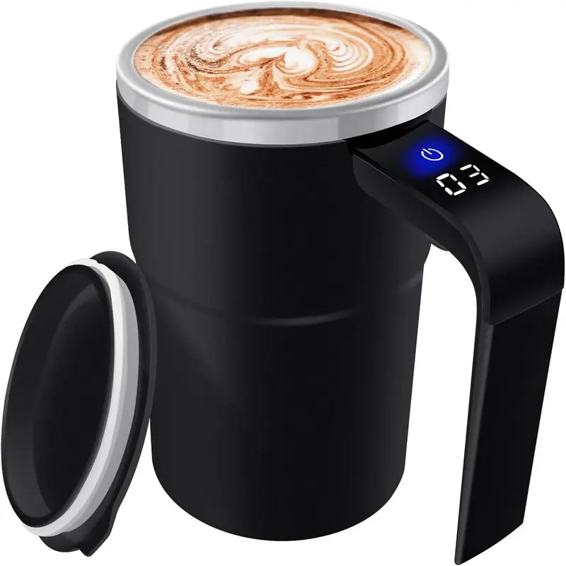 13 OZ Automatic Stirring Coffee Cup, Coffee Cup with Magnetic Capsule, with Temperature Display Function, Suitable for Coffee, Beverages, Hot Cocoa, Coffee Bar Drinkware, Reusable USB Rechargeable Cup Travel Mug Reusable Black Coffee